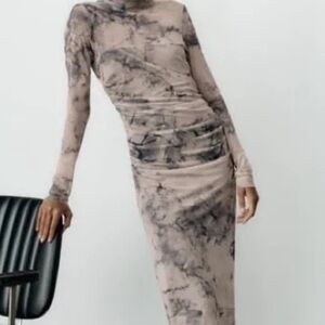 Zara tulle cream Marble Print Long Sleeve Dress